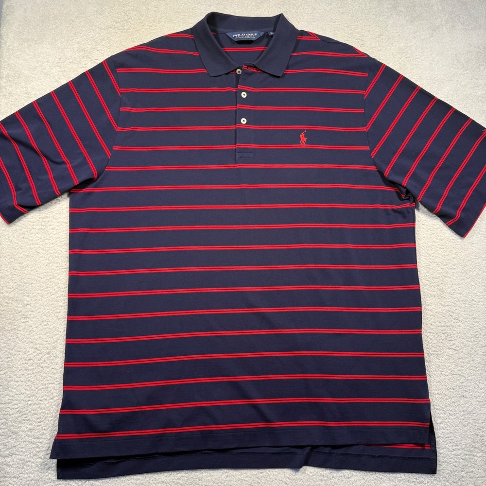 Ralph Lauren Polo Golf‎ Mens Navy Red Stripe Pima Cotton Polo Shirt XL Hillcrest